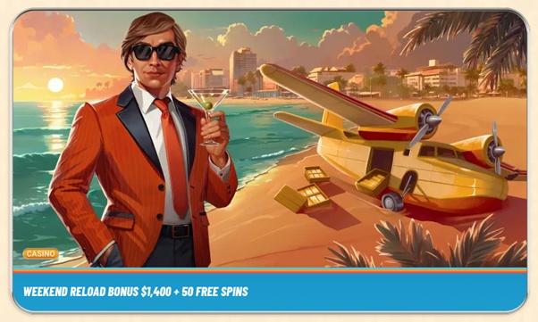 A man on a beach contemplates the Vegasino weekend reload bonus offer of $1,400 plus 50 free spins